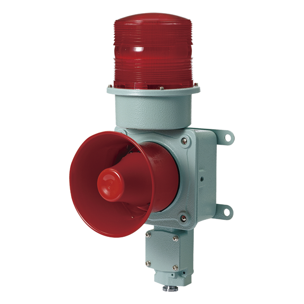 Combinación de baliza LED color roja con sirena electrónica para aplicaciones de la industria pesada  máx.120 dB a 24 VCD