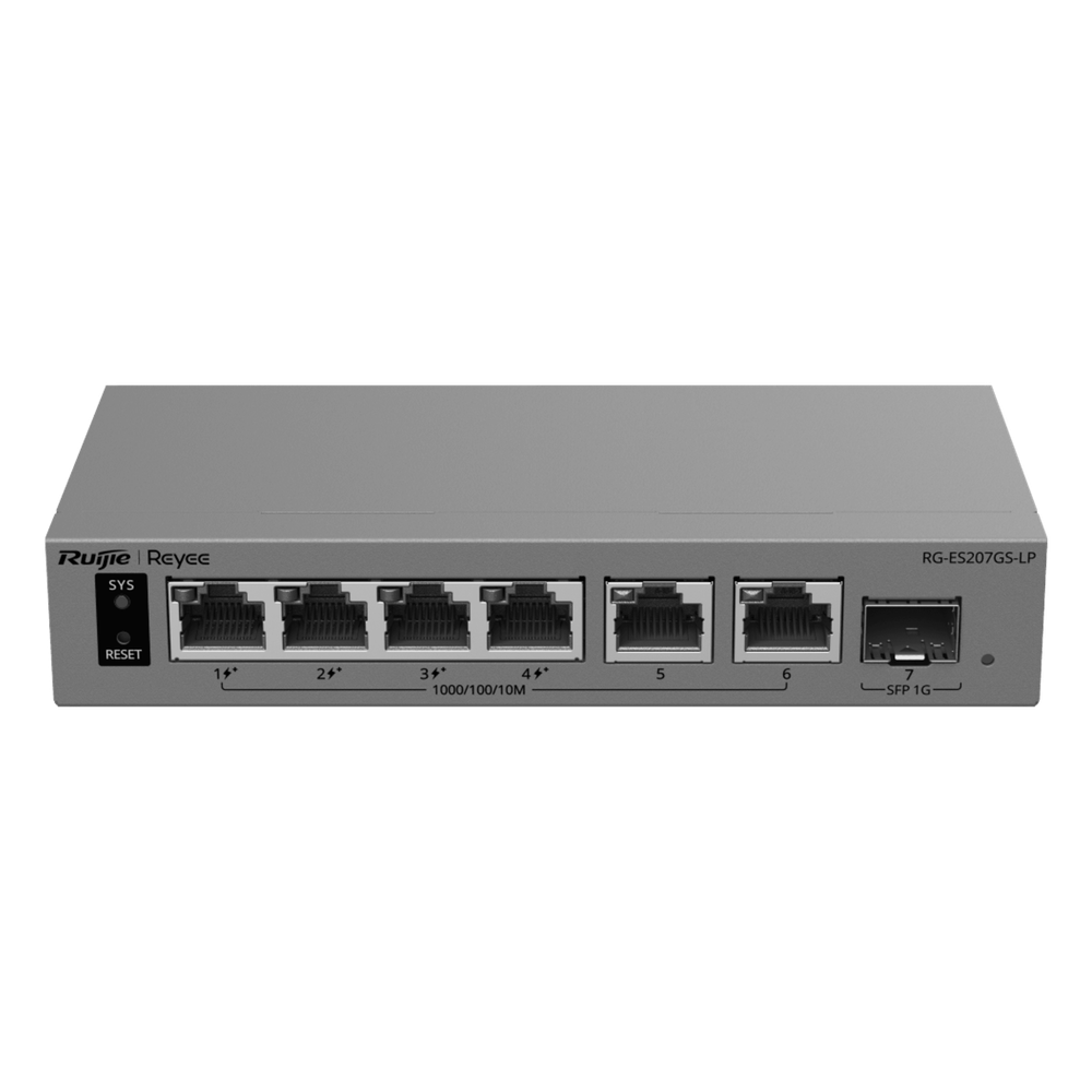 Switch Gigabit Smart Cloud / 7 Puertos / 4 PoE+ 40 W / 1 SFP Uplink / Capa 2 / Protección 6 kV / Fanless