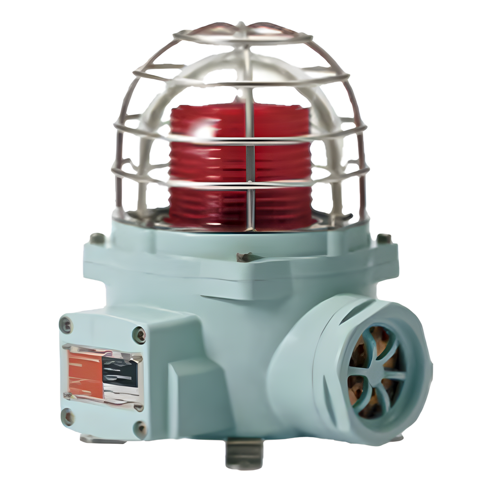 Luz LED color Rojo de advertencia con patrón de destello flasheante/fijo para zonas peligrosas con buzzer incluido a 105 dB. de 24 VCD