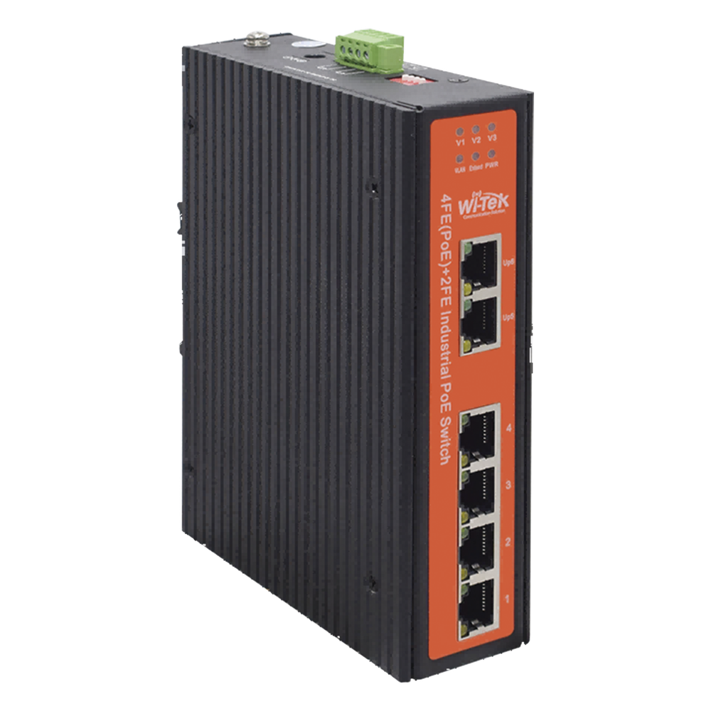 Switch Industrial PoE / 4 Puertos Fast Ethernet 802.3af/at / 2 Puertos Uplink Gigabit / PoE Extendido 250 m / Rango -30°C a 65°C
