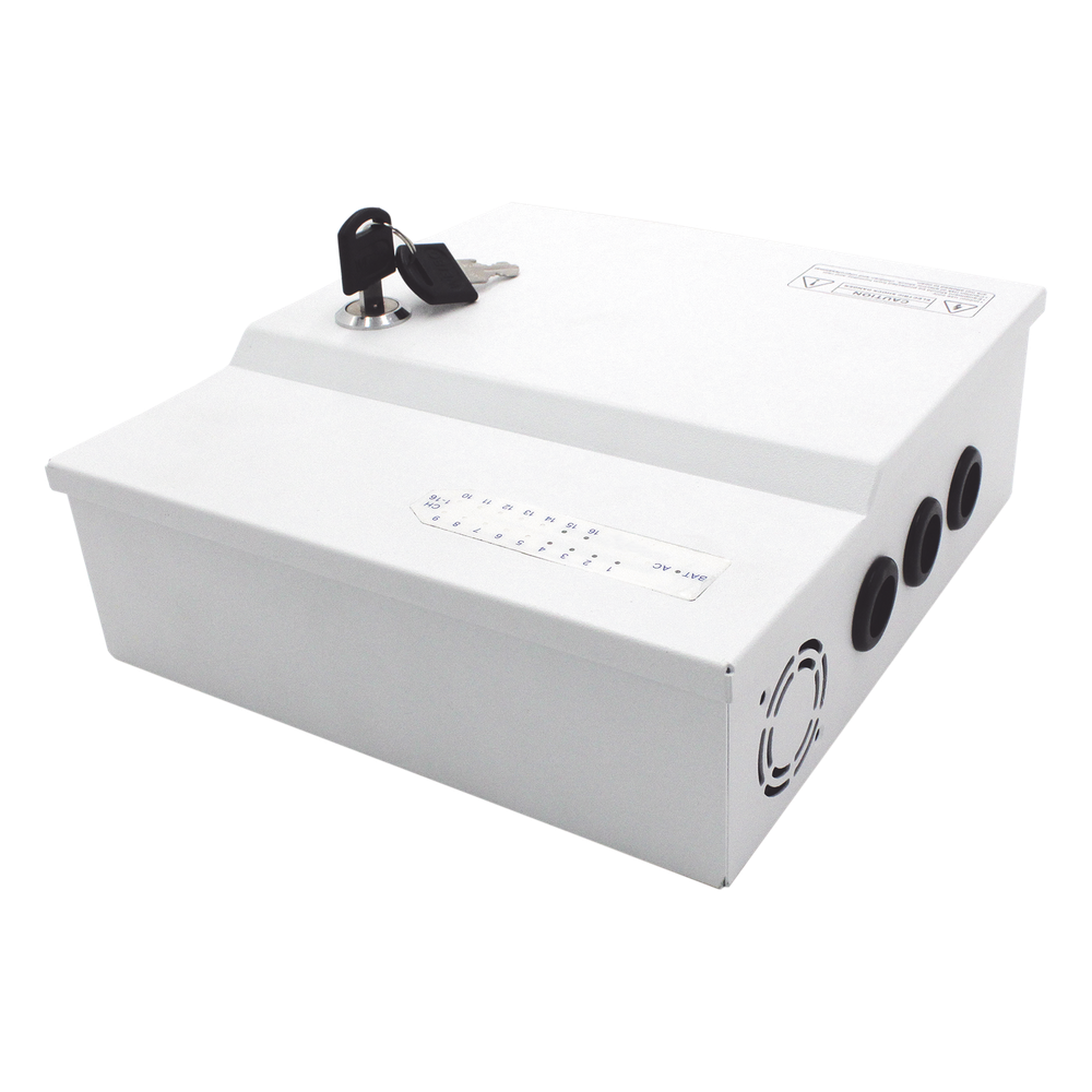 Fuente de poder profesional de 12 Vcc @ 16 A / para 16 cámaras / Con capacidad de batería de respaldo / Requiere batería / Voltaje de entrada de 96-264 Vca 