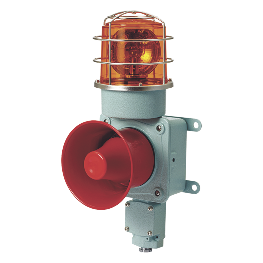 Combinación de luz de advertencia giratoria color Ámbar con bocina eléctrica para aplicaciones de la industria a 24 VCD, máx. 120 dB (No Incluye guarda)