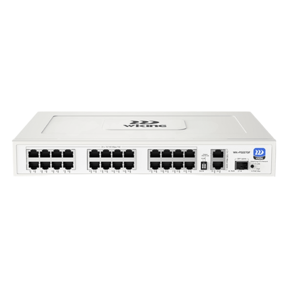 Switch PoE No Administrable / 24 Puertos 10/100 Mbps / 2 Puertos Uplink Gigabit / 1 Ranura SFP / Presupuesto PoE 270 W / Hi-PoE 60 W