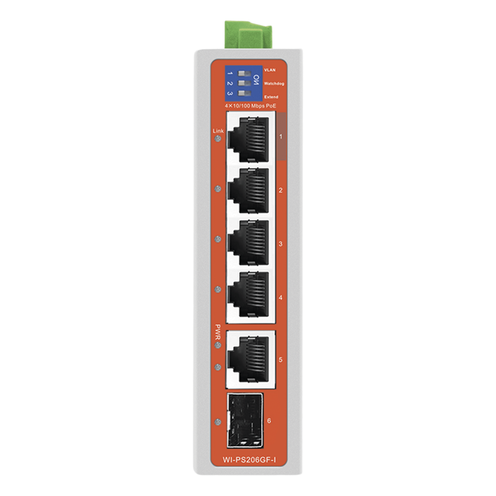 Switch Industrial PoE / 4 Puertos Fast Ethernet / 2 Uplink Gigabit / Alcance 250 m / Protección 6 kV