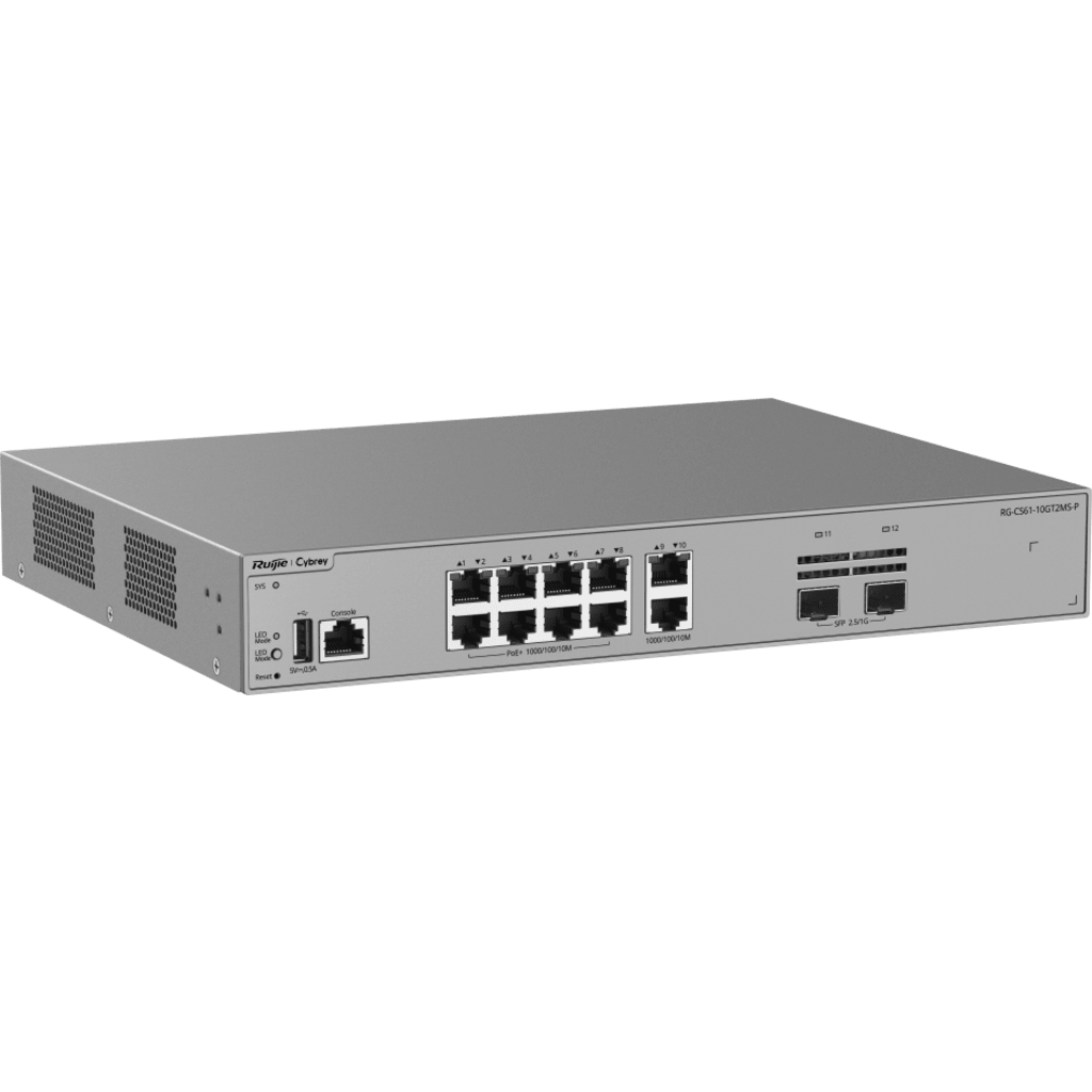 Switch Capa 3 / 10 Puertos Gigabit PoE+ / 2 Puertos SFP 2.5GE / Capacidad de Conmutación 30 Gbps / PoE Budget 125 W / Diseño sin Ventilador / Protección contra Sobretensiones 10 kV / VSU / OSPF / RIP / Línea Cybrey