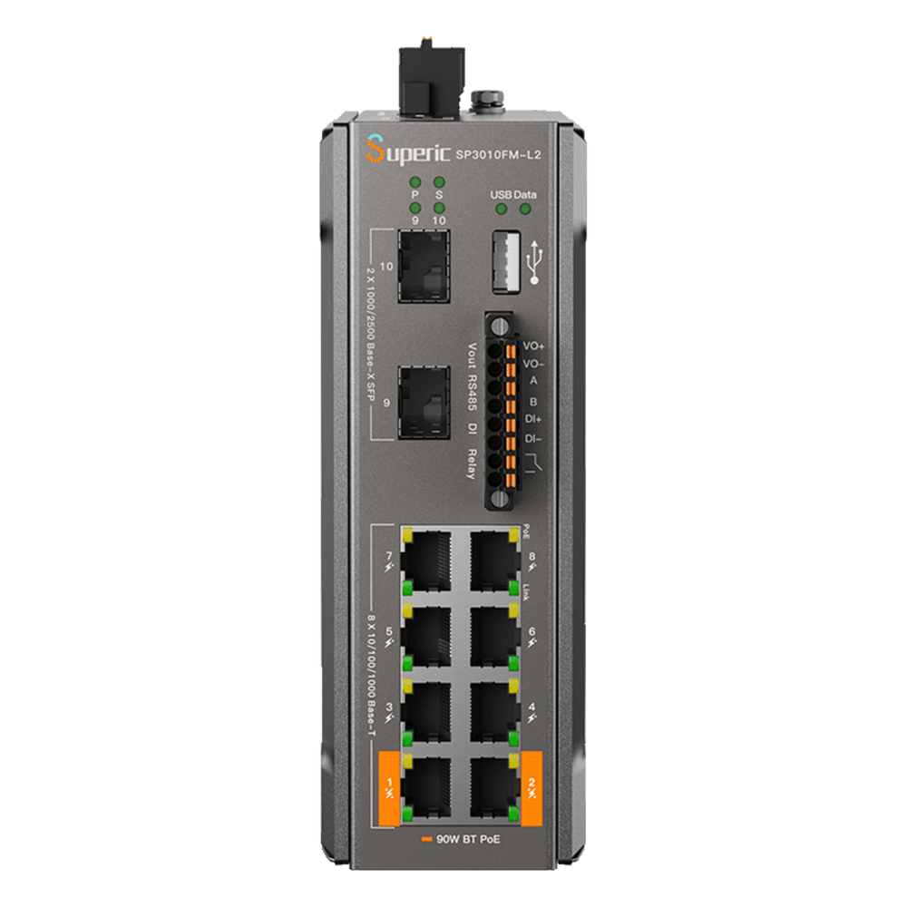 Switch PoE Industrial L2+ / 8 Puertos Gigabit PoE / 2 Puertos SFP 2.5G / 240W PoE Budget / 26Gbps Switching / -40°C~75°C / DIN-Rail