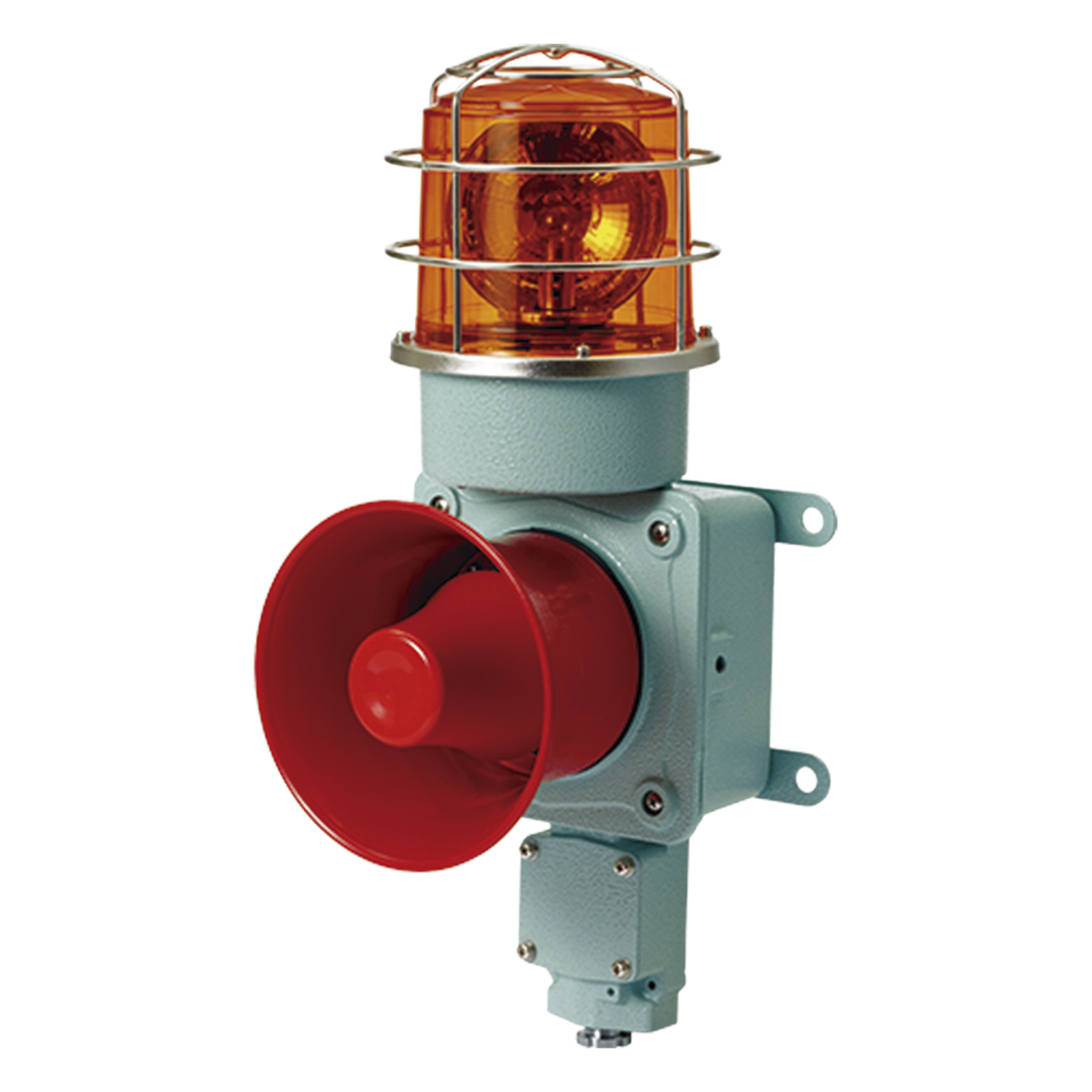 Combinación de luz de advertencia giratoria color Ámbar con bocina eléctrica para aplicaciones de la industria a 24 VCD, máx. 120 dB