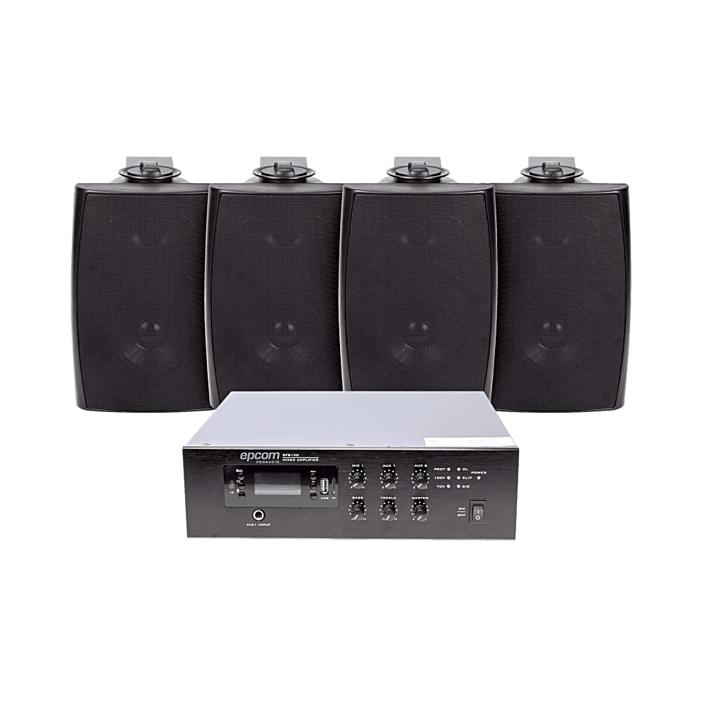 KIT de Amplificador de 240W para Escritorio | 4 Altavoces de Pared color Negro 2.5W - 20W | Sistema 70/100V