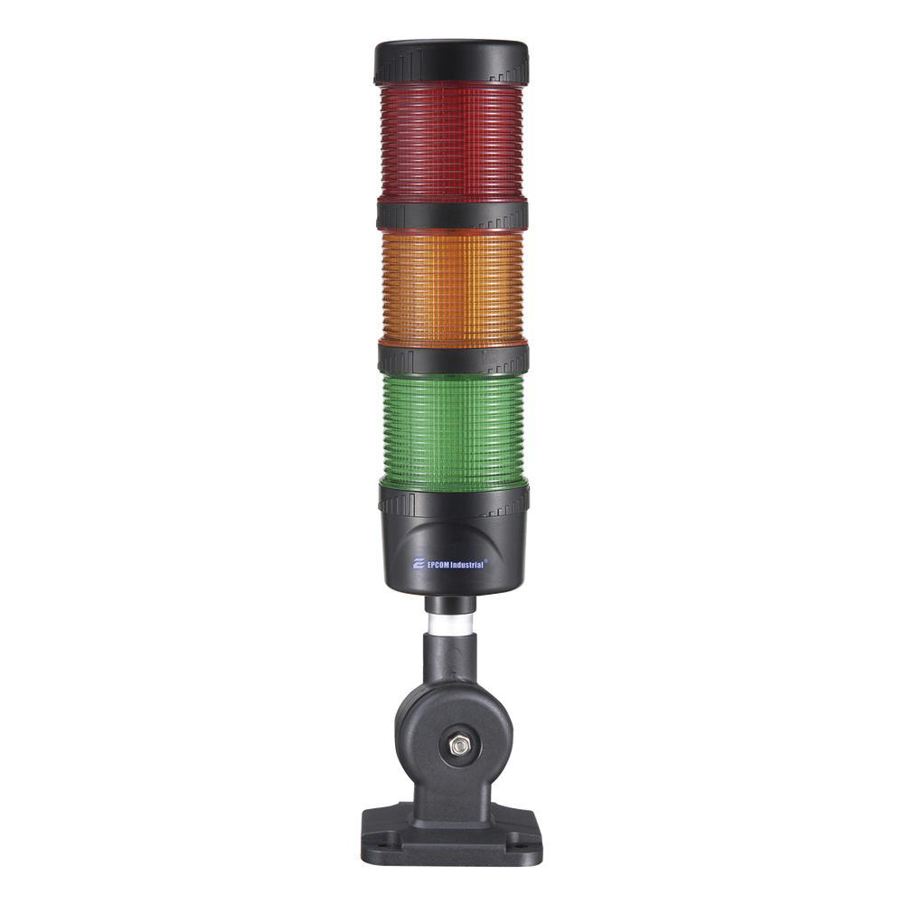 Torre LED Indicadora de estado de 3 niveles color Rojo, Ámbar y Verde, con Buzzer integrado a 85 dB,  a 24 VCD con Montaje incluido de 60 mm de diámetro