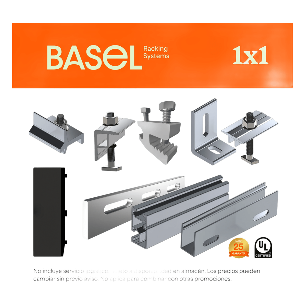 Sistema de Montaje Solar BASEL / Flat Roof Single Row / 1 Modulo / Riel N RAIL 4.72 / Soportes N3 BASEL / Resistencia Viento 140 km/h / Inclinacion 15 Grados