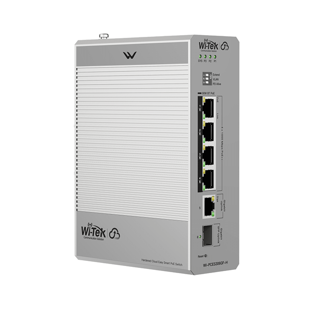 Switch Industrial PoE / 4 Puertos Gigabit PoE++ (802.3bt) / 1 Puerto Gigabit + 1 SFP / Alimentación DC 12-57V / Fanless / DIN-Rail / -30°C a 65°C / 55W-300W Budget PoE