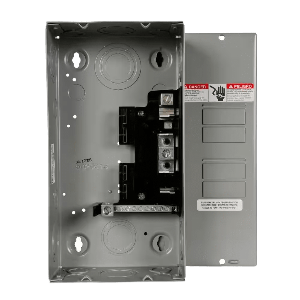 Centro de carga monofásico para sobreponer. 1 Fase, 3 Hilos para interruptores QT, de 4 polos - 8 Circuitos, 120/240vca, Barras de aluminio 125 Amp, Nema 1. 