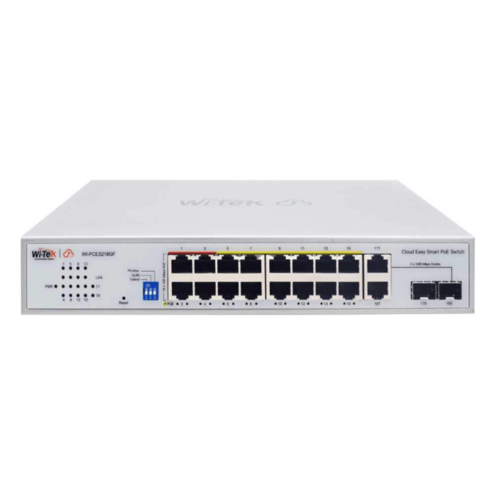 Switch PoE / 16 Puertos 10/100 Mbps PoE / 2 Uplink Gigabit / 1 Puerto SFP / Presupuesto PoE 250 W / Alcance 250 m (820.2 ft) / ONVIF