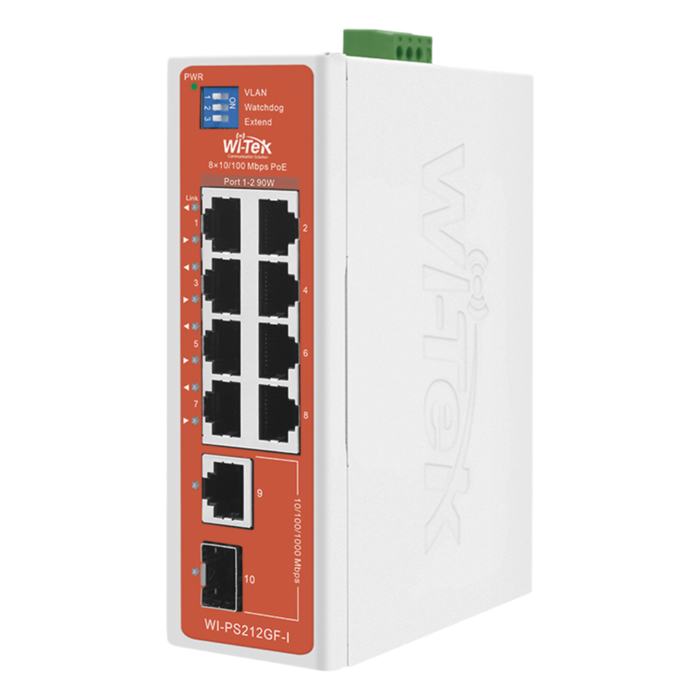 Switch Semi-Industrial / No administrable / 8 puertos 10/100 PoE af/at/bt / 1 puerto Gigabit RJ45 Uplink / 1 puerto SFP Uplink / Presupuesto PoE 110 Watts /