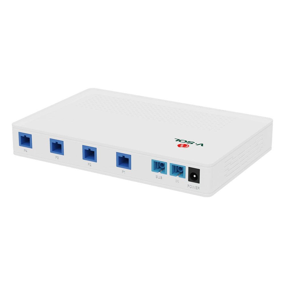 Splitter Activo 1x4 para Alimentación de 4 Dispositivos POF, 1 Puerto de cascadeo para continuidad, puertos SC/UPC
