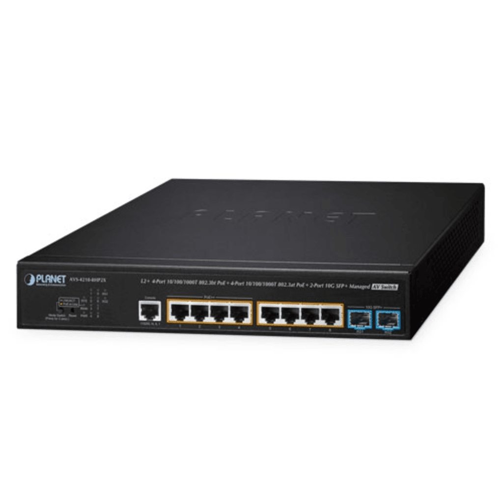 Switches PoEPLANETAVS-4210-8HP2XSwitch Administrable 8 Puertos Gigabit PoE++ 240W 2 SFP+ 10G Dante NDI Fanless PLANET AVS - 4210 - 8HP2X - SILYMX