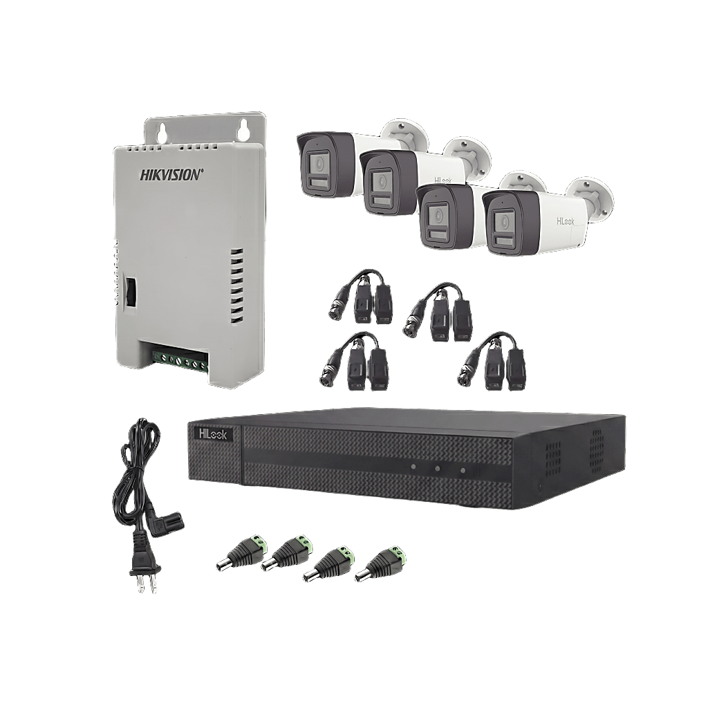 Kit CCTV 4 CamarasHiLook by HIKVISIONHL-2080P-4B-TWAKit CCTV TurboHD 1080p 4 Camaras Bala Audio Bidireccional DVR 4CH HiLook HL - 2080P - 4B - TWA - SILYMX