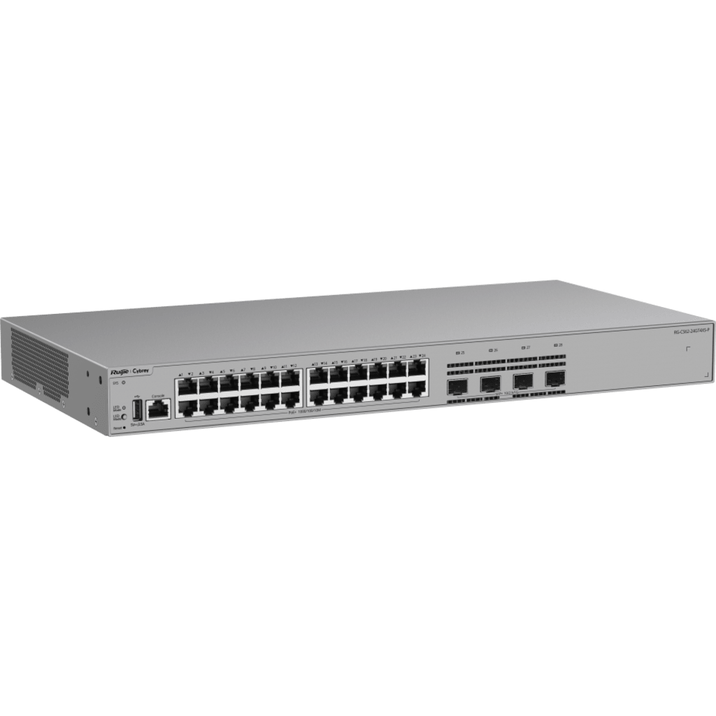 Switch Gigabit PoE+ Gestionable / 24 Puertos 10/100/1000BASE-T PoE+ / 4 Puertos SFP+ 1GE/2.5GE/10GE / Capacidad 128 Gbps / Tasa de Reenvío 95.232 Mpps / PoE Budget 370 W / Protección Sobretensión 10 kV / VSU / Línea Cybrey