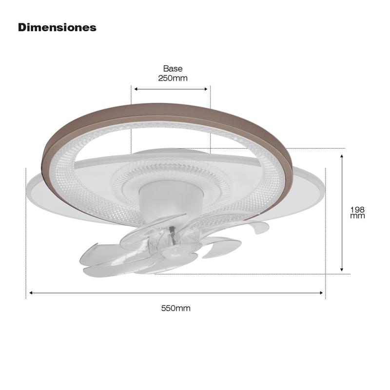 Ventilador de Techo con Luminario LED de 110 V CA 50/60 Hz  88 W 3 Tonos de Luz (6500 - 4 000 - 2 700 K) Con giro 360° Diámetro 550 mm 6 Velocidades Dimeable JWJ JLV-016 - SILYMX