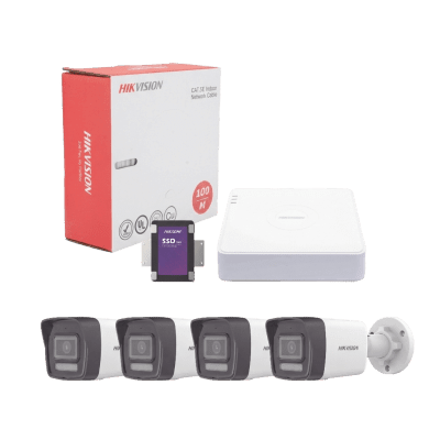 HIKVISIONKIT4MP/4B/1TBKit IP 4 Megapixel / NVR de 4 Canales con 4 Puertos PoE / 4 Cámaras IP Bala Dual Light (IR + Luz Blanca) con Microfono Integrado y ACUSENSE Lite para Exterior/ Bobina de Cable de 100 mts / SSD de 1 TB - SILYMX