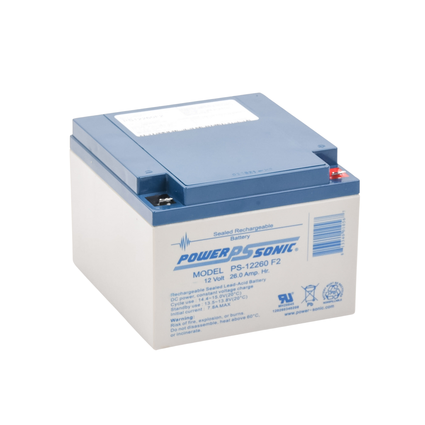 Batería 12V 26AH Para Respaldo AGM/VRLA 5 Años Vida Útil Terminales F2 Reconocida UL POWER SONIC PS-12260-F2 - Imagen 2