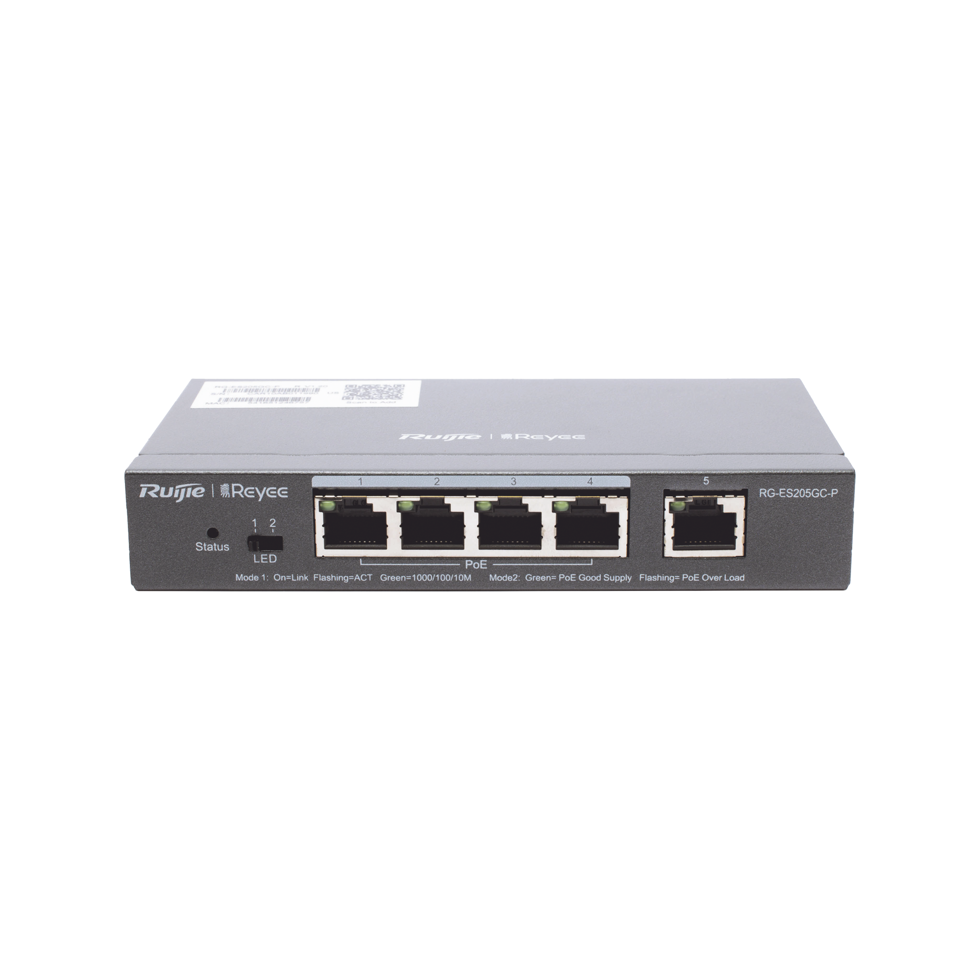 Switch Administrable PoE con 5 puertos Gigabit, 4 PoE 802.3af/at, gestión gratuita desde la nube, 54w RUIJIE - Imagen 1