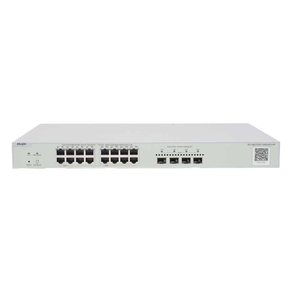 Switch Multi-Gigabit PoE++ / 16 Puertos 2.5G / 4 Puertos SFP+ 10G / 370W / Capa 2 / 160 Gbps / 1U Rack RUIJIE - Imagen 1