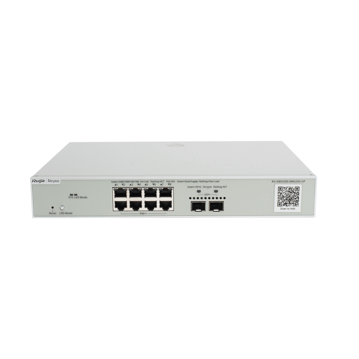 RUIJIERG-NBS5300-8MG2XS-UPSwitch Multi - Gigabit PoE++ 370W 802.3bt Capa 3 Administrable Cloud, Diseñado Para Access Points WiFi 6/7 - SILYMX