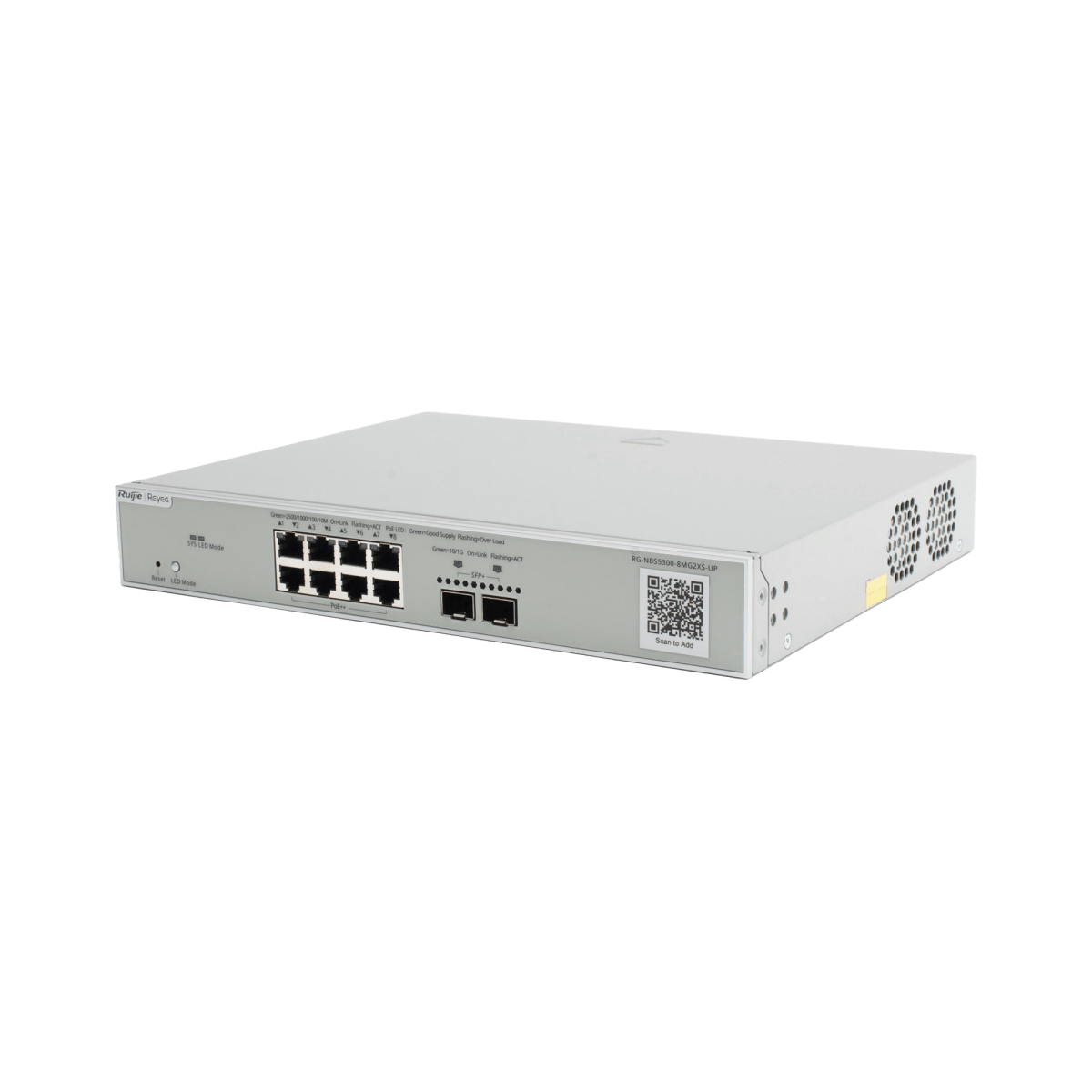 RUIJIERG-NBS5300-8MG2XS-UPSwitch Multi - Gigabit PoE++ 370W 802.3bt Capa 3 Administrable Cloud, Diseñado Para Access Points WiFi 6/7 - SILYMX