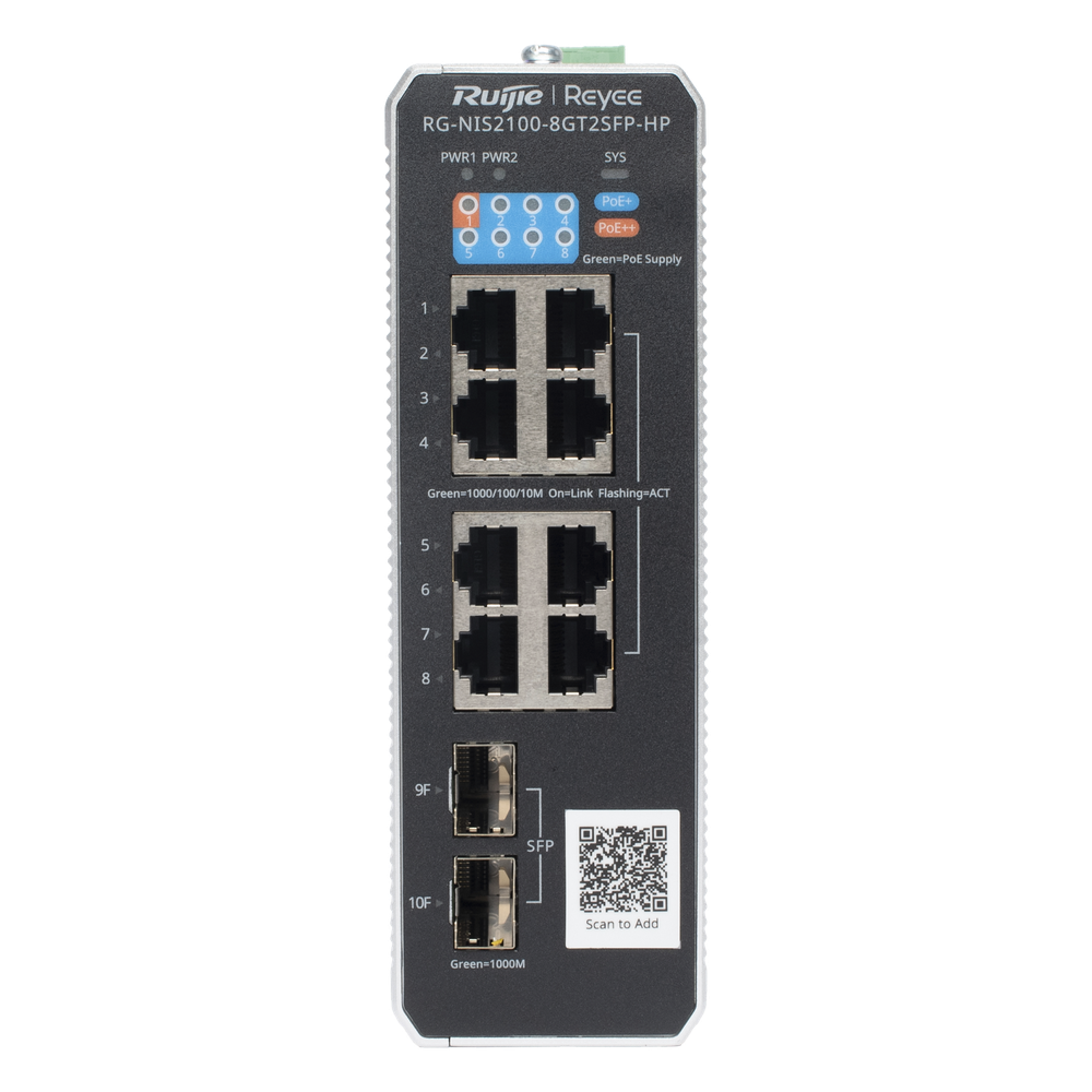 Switch Industrial PoE+ hasta 300 watts , Ideal para temperaturas Extremas y protección contra descargas, 1 puerto PoE++ 60W y 7 puertos PoE+ 30W, 2 SFP Uplink RUIJIE - Imagen 1