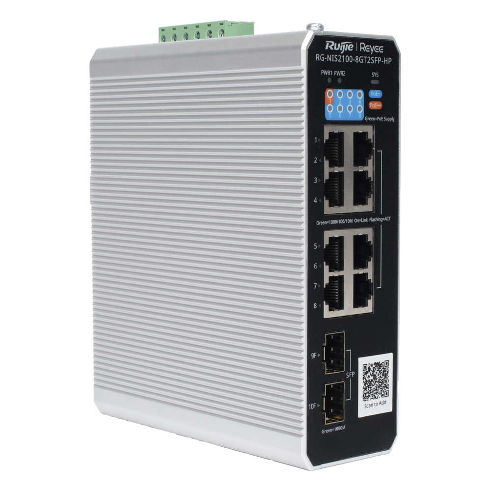 Switch Industrial PoE+ hasta 300 watts , Ideal para temperaturas Extremas y protección contra descargas, 1 puerto PoE++ 60W y 7 puertos PoE+ 30W, 2 SFP Uplink RUIJIE - Imagen 2