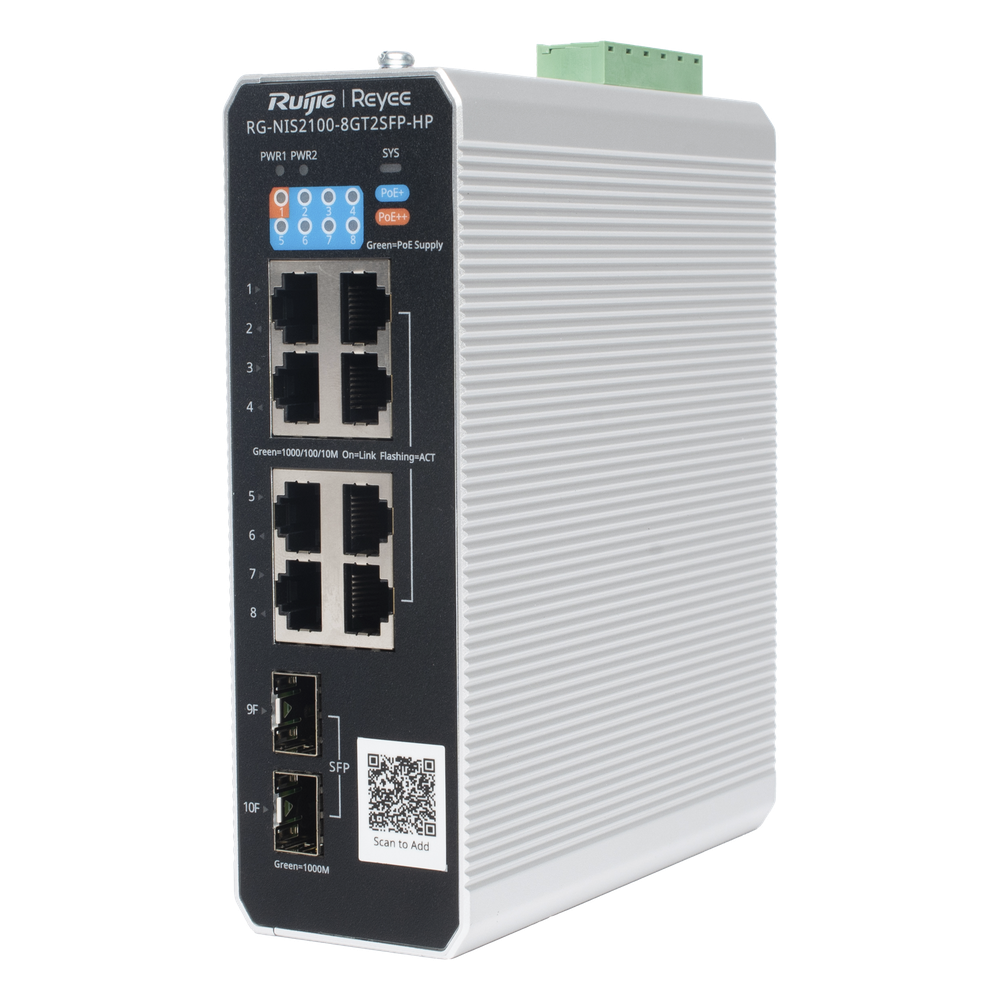 Switch Industrial PoE+ hasta 300 watts , Ideal para temperaturas Extremas y protección contra descargas, 1 puerto PoE++ 60W y 7 puertos PoE+ 30W, 2 SFP Uplink RUIJIE - Imagen 3