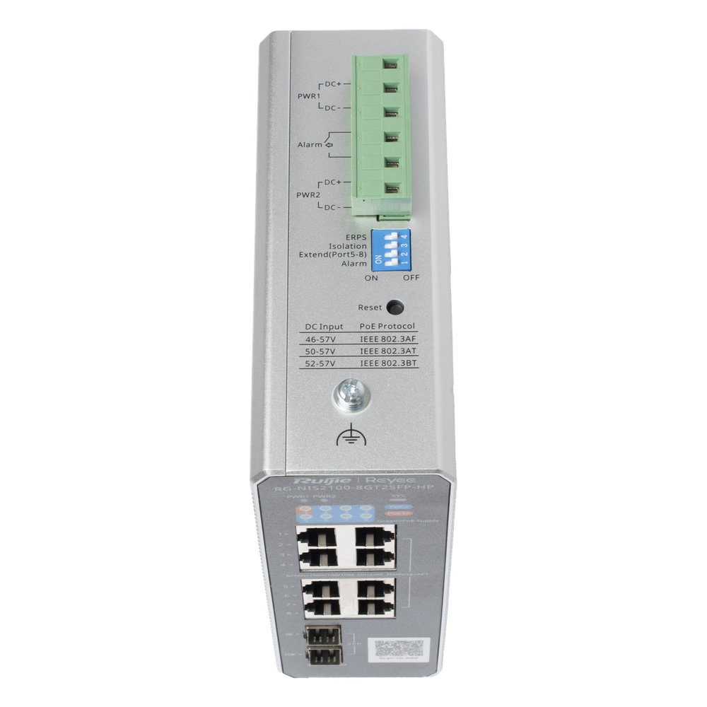 Switch Industrial PoE+ hasta 300 watts , Ideal para temperaturas Extremas y protección contra descargas, 1 puerto PoE++ 60W y 7 puertos PoE+ 30W, 2 SFP Uplink RUIJIE - Imagen 4