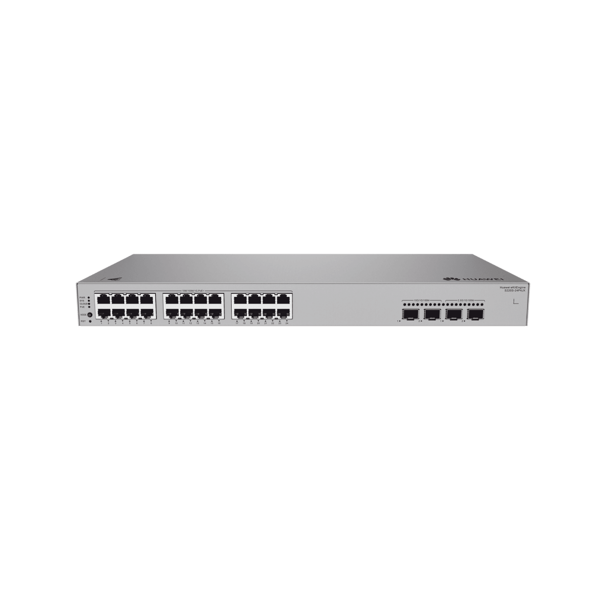 Switches PoEHUAWEIS220S-24P4JXSwitch Administrable Capa 2 24 Puertos PoE+ Gigabit 2 SFP 2.5G 2 SFP+ 10G 400W Huawei S220S - 24P4JX - SILYMX