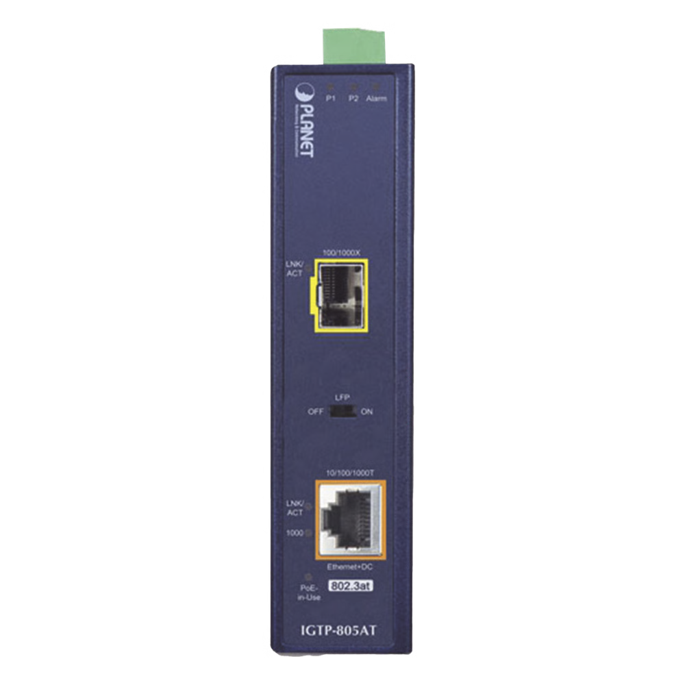 Convertidor Medios PoE Industrial Gigabit SFP 1000BASE-X 30W -40 a 75°C PLANET IGTP-805AT