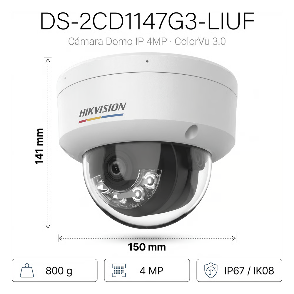 Camara Domo IP 4MP ColorVu 3.0 AcuSense Lite Microfono IR 30m PoE Exterior Hikvision DS-2CD1147G3-LIUF