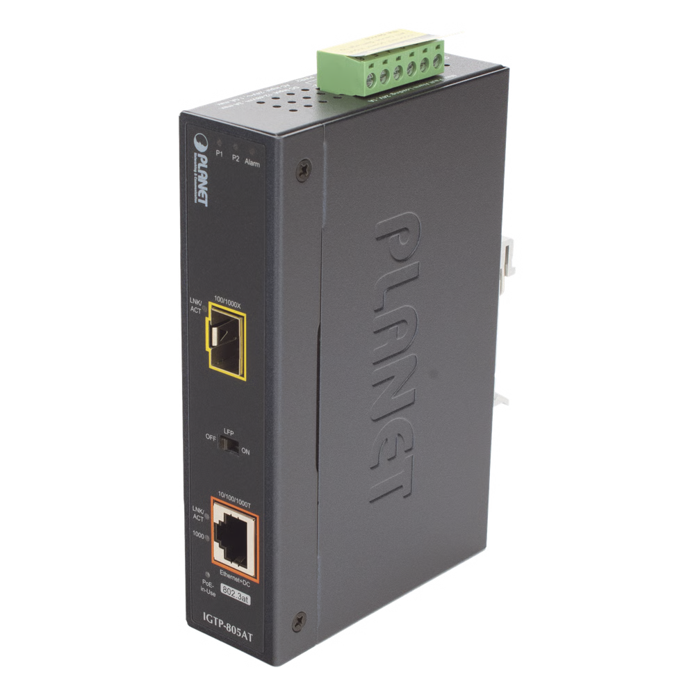 Convertidor Medios PoE Industrial Gigabit SFP 1000BASE-X 30W -40 a 75°C PLANET IGTP-805AT