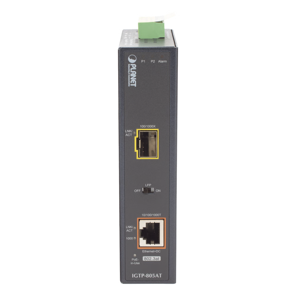 Convertidor Medios PoE Industrial Gigabit SFP 1000BASE-X 30W -40 a 75°C PLANET IGTP-805AT