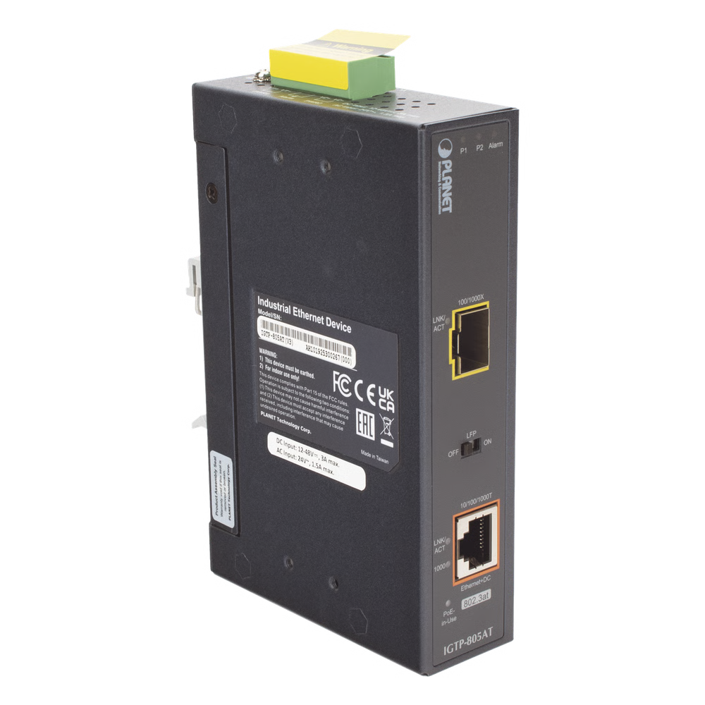 Convertidor Medios PoE Industrial Gigabit SFP 1000BASE-X 30W -40 a 75°C PLANET IGTP-805AT