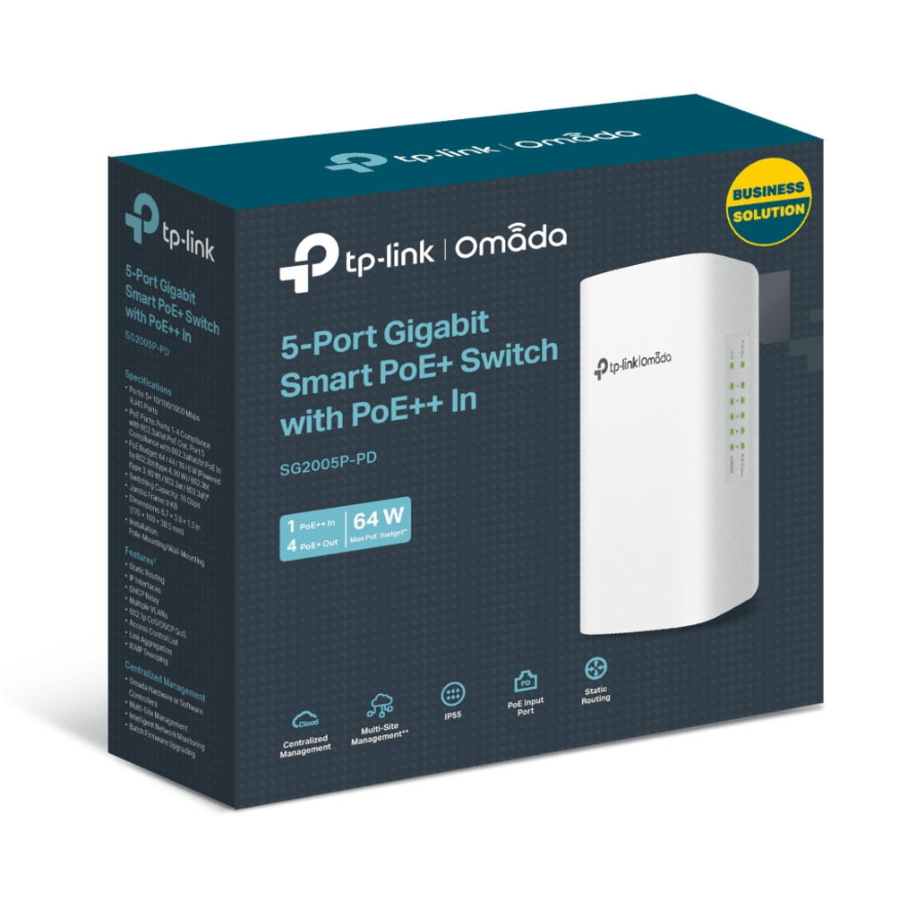 Switches PoETP - LINKSG2005PPDSwitch PoE Exterior 5 Puertos Gigabit 1 PoE++ IN 4 PoE+ OUT 62W IP65 Omada TP - LINK SG2005PPD - SILYMX