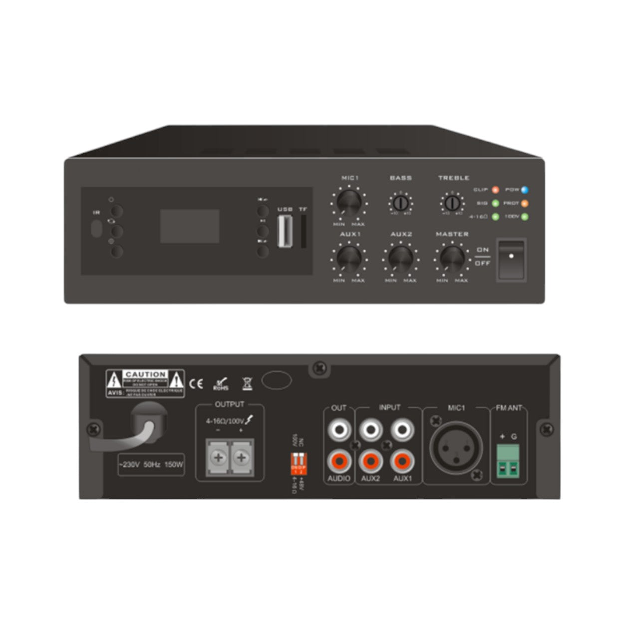 SILYMX EPCOM PROAUDIO EP-B120E digital mini amplifier with XLR, Bluetooth, FM, MP3 playback, 120W power, and 4-16 Ohm or 100V output.