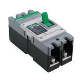SILYMX 2-pole DC circuit breaker, 250A, 1200V, with green toggle switch and polarity indicator. Ideal for solar systems.