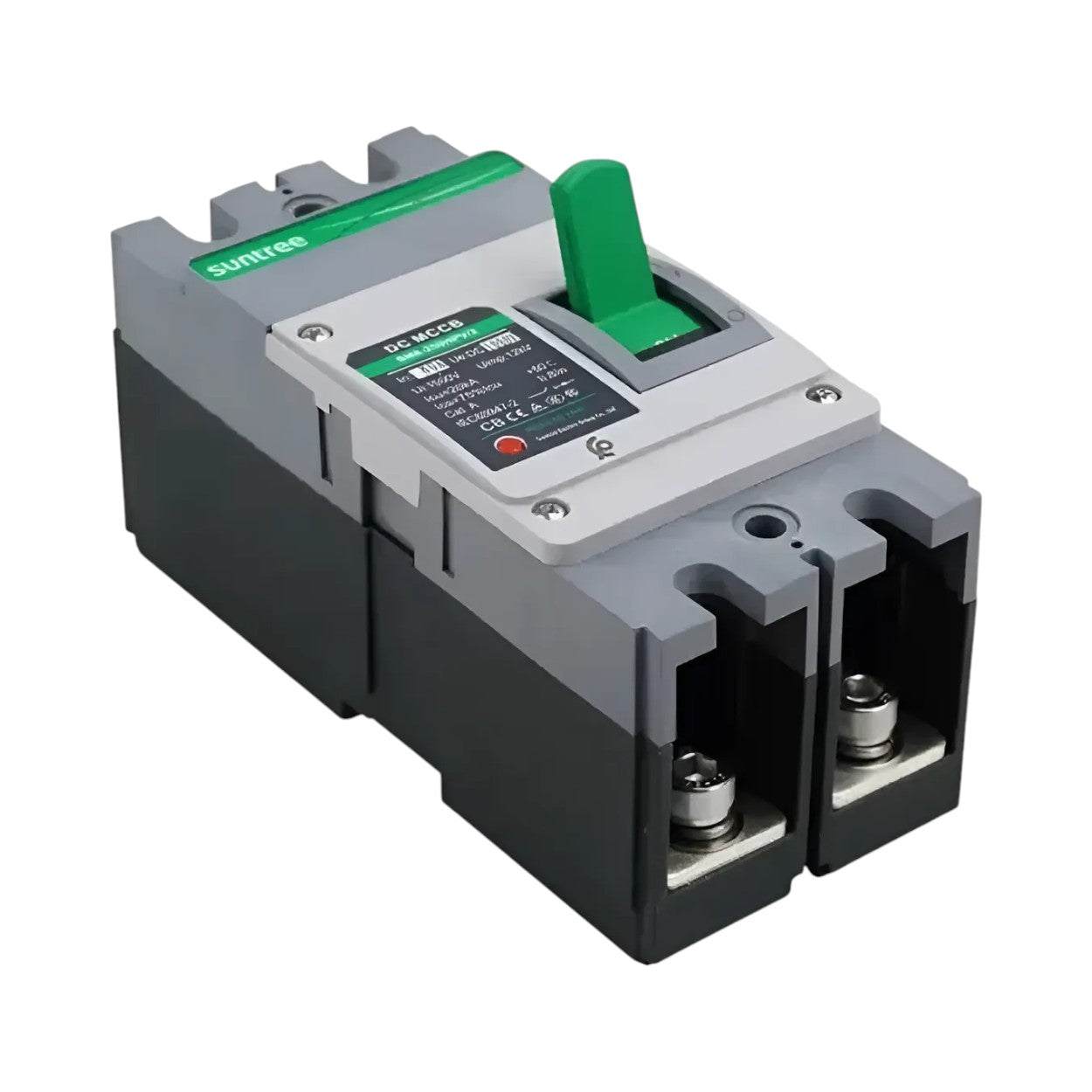 SILYMX 2-pole DC circuit breaker, 250A, 1200V, with green toggle switch and polarity indicator. Ideal for solar systems.