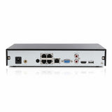 SILYMX NVR with 4 PoE ports, 4 IP channels, HDMI, VGA, and USB ports. Black metal casing.