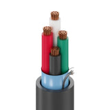 SILYMX 4-conductor 16 AWG shielded CMR riser cable with red, green, black, and white wires. Grey PVC jacket.