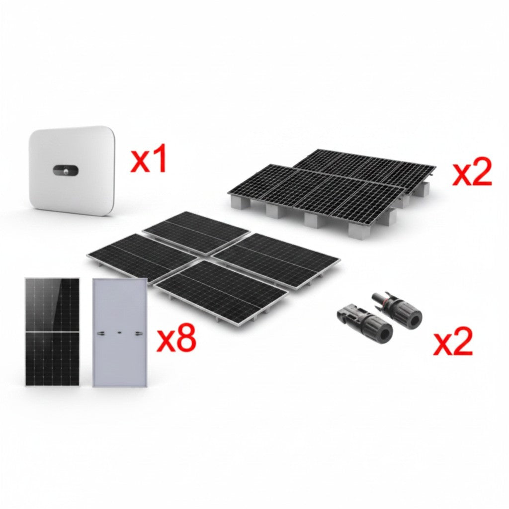 SILYMX 5kW solar kit with Huawei FusionSolar inverter, photovoltaic panels, mounting structure, and connectors.