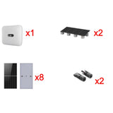 SILYMX 5kW solar kit featuring Huawei FusionSolar inverter, 8 solar panels, mounting structure, and connectors.
