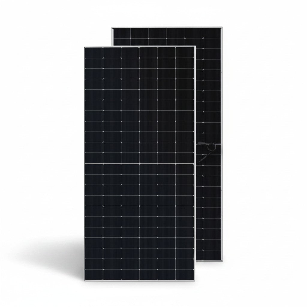 SILYMX 610W N-Type bifacial solar panel with 132 cells and an anodized aluminum frame, shown in a studio setting.