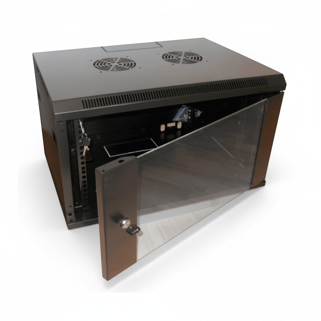 SILYMX 6U wall mount rack cabinet, 600x600mm, with tempered glass door and SPCC steel construction. Features lock and keys.