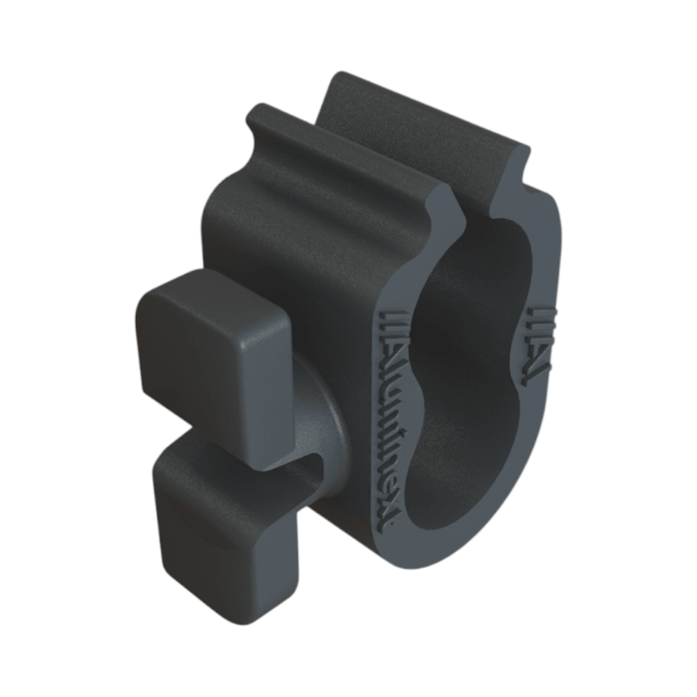 SILYMX ALUMINEXT plastic cable clip for Next-Rail systems, designed to securely hold two cables in place.